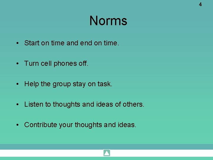 4 Norms • Start on time and end on time. • Turn cell phones