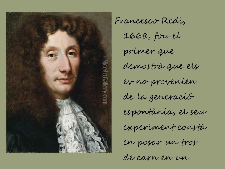 Francesco Redi, 1668, fou el primer que demostrà que els ev no provenien de