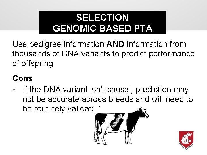 SELECTION GENOMIC BASED PTA Use pedigree information AND information from thousands of DNA variants
