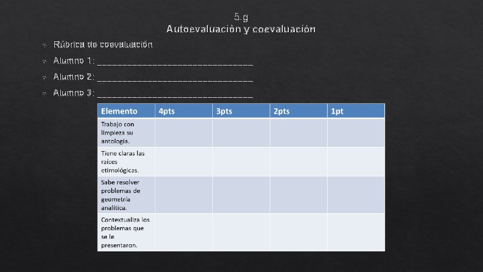 5. g Autoevaluación y coevaluación Rúbrica de coevaluación Alumno 1: ________________ Alumno 2: ________________