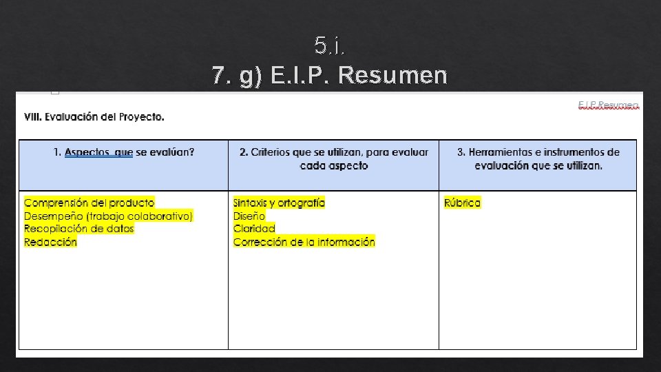 5. i. 7. g) E. I. P. Resumen 