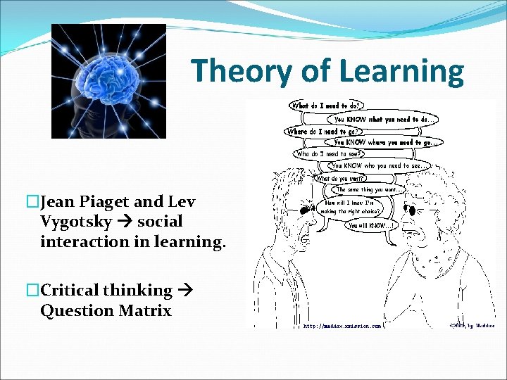Theory of Learning �Jean Piaget and Lev Vygotsky social interaction in learning. �Critical thinking
