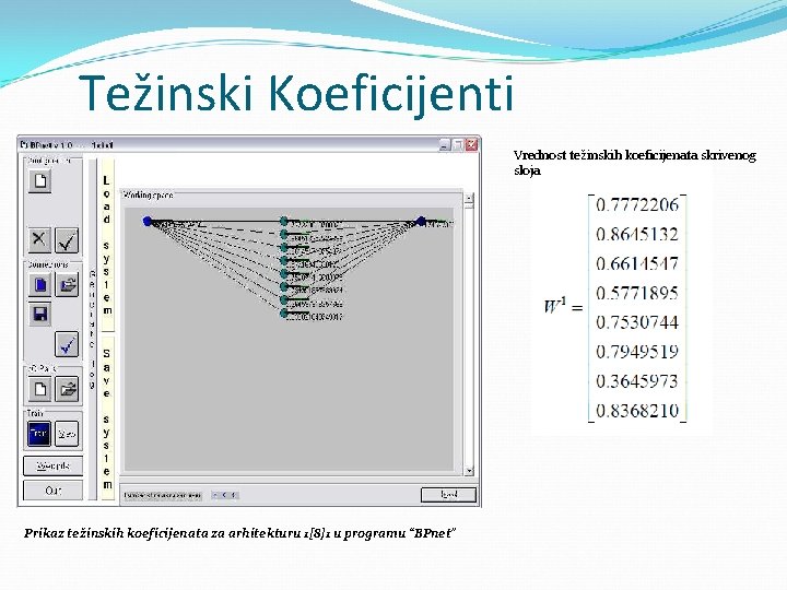 Težinski Koeficijenti Vrednost težinskih koeficijenata skrivenog sloja Prikaz težinskih koeficijenata za arhitekturu 1[8]1 u