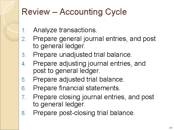 Review – Accounting Cycle 1. 2. 3. 4. 5. 6. 7. 8. Analyze transactions.