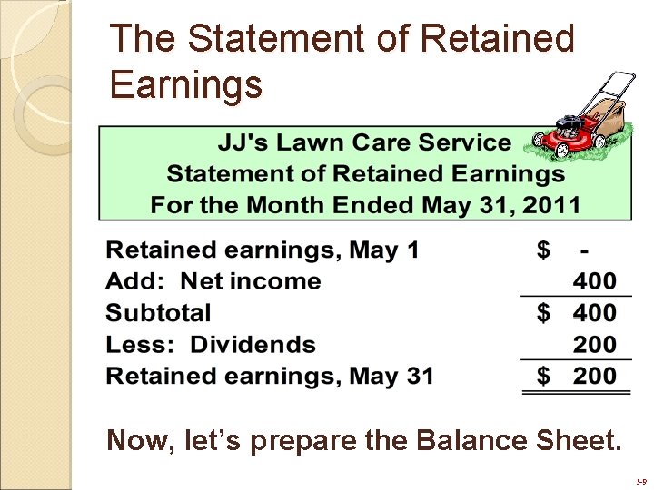 The Statement of Retained Earnings Now, let’s prepare the Balance Sheet. 5 -9 