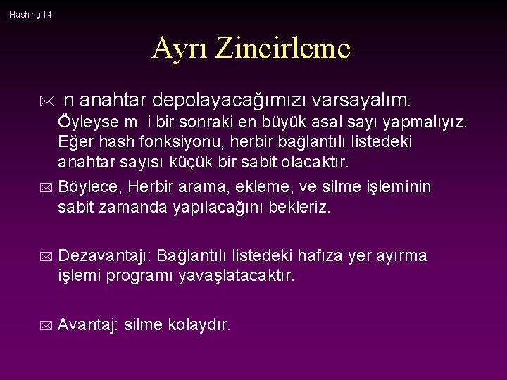 Hashing 14 Ayrı Zincirleme * n anahtar depolayacağımızı varsayalım. Öyleyse m i bir sonraki