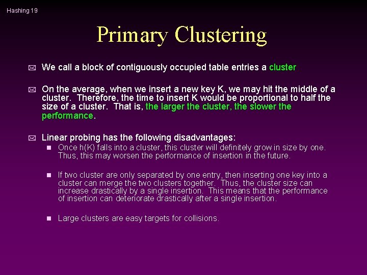 Hashing 19 Primary Clustering * We call a block of contiguously occupied table entries