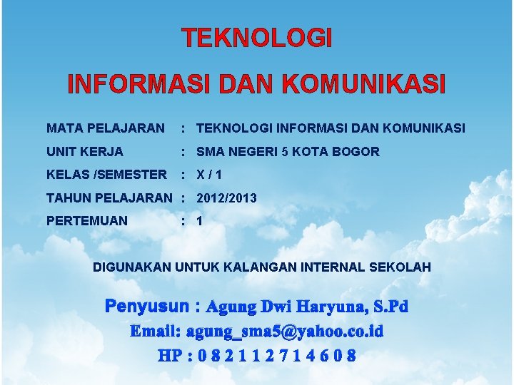 TEKNOLOGI INFORMASI DAN KOMUNIKASI MATA PELAJARAN : TEKNOLOGI INFORMASI DAN KOMUNIKASI UNIT KERJA :
