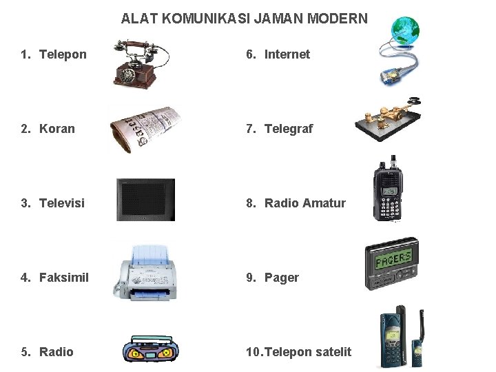 ALAT KOMUNIKASI JAMAN MODERN 1. Telepon 6. Internet 2. Koran 7. Telegraf 3. Televisi