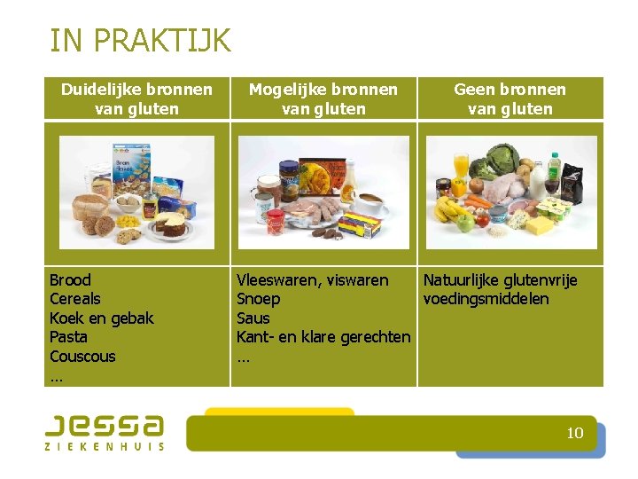 IN PRAKTIJK Duidelijke bronnen van gluten Brood Cereals Koek en gebak Pasta Couscous …