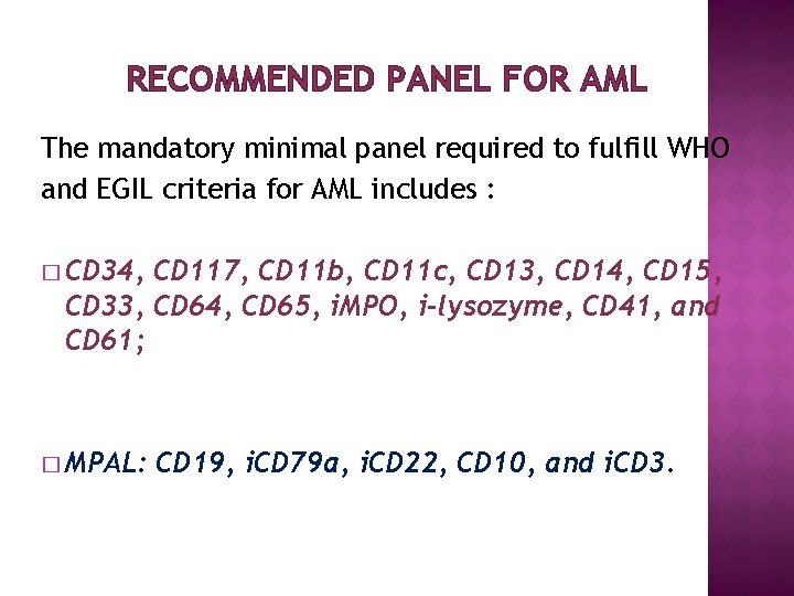 RECOMMENDED PANEL FOR AML The mandatory minimal panel required to fulfill WHO and EGIL