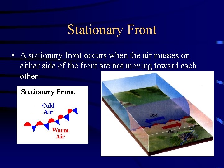 Stationary Front • A stationary front occurs when the air masses on either side
