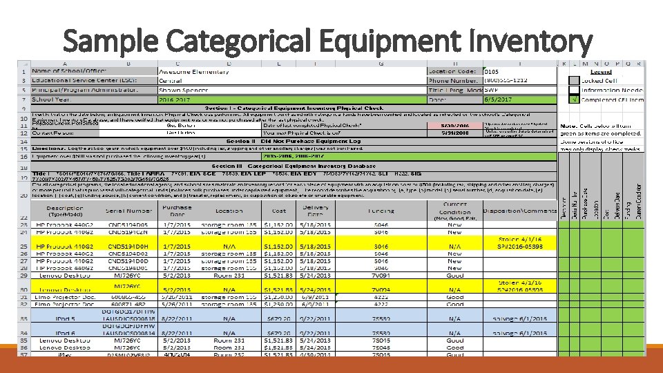 Sample Categorical Equipment Inventory Sample Categorical Equipment Inventory