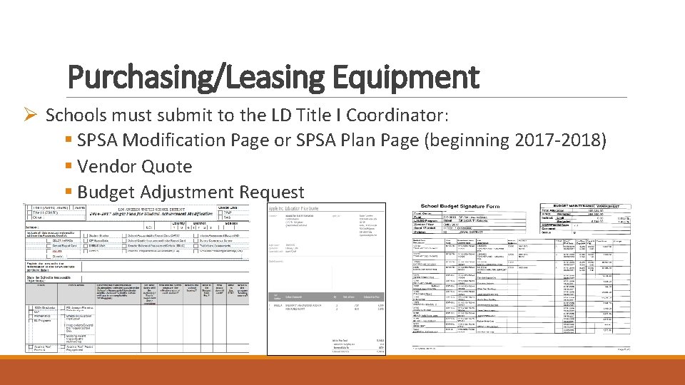 Purchasing/Leasing Equipment Ø Schools must submit to the LD Title I Coordinator: § SPSA Purchasing/Leasing Equipment Ø Schools must submit to the LD Title I Coordinator: § SPSA