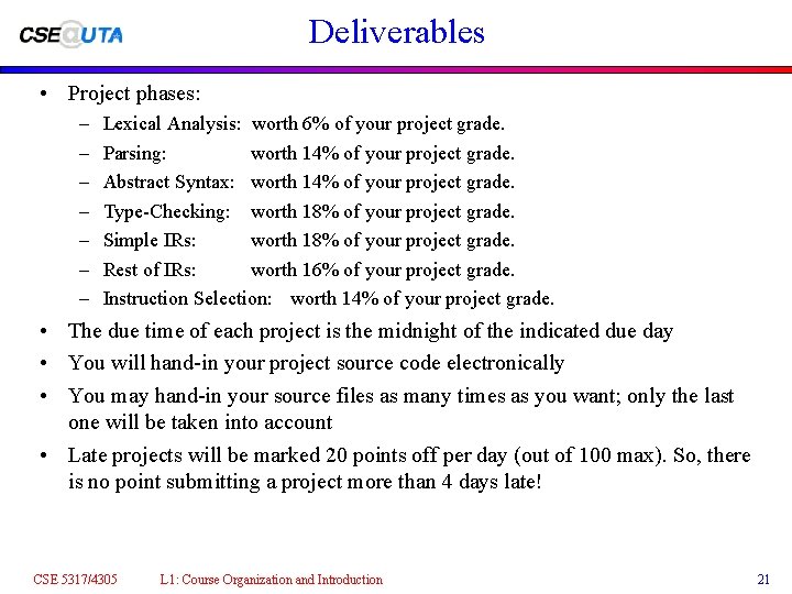 Deliverables • Project phases: – – – – Lexical Analysis: worth 6% of your