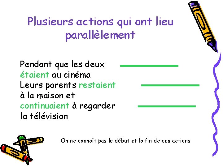 Plusieurs actions qui ont lieu parallèlement Pendant que les deux étaient au cinéma Leurs