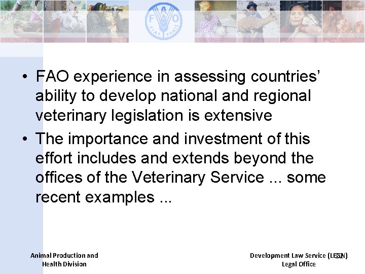  • FAO experience in assessing countries’ ability to develop national and regional veterinary