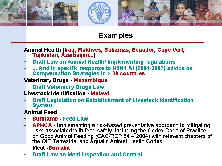 Examples Animal Health (Iraq, Maldives, Bahamas, Ecuador, Cape Vert, Tajikistan, Azerbaijan. . . )