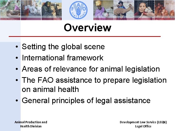 Overview • • Setting the global scene International framework Areas of relevance for animal