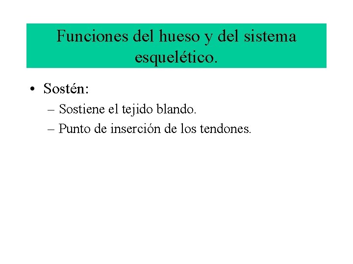 Funciones del hueso y del sistema esquelético. • Sostén: – Sostiene el tejido blando.