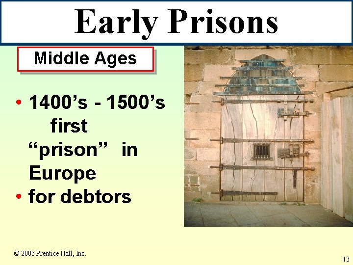 Early Prisons Middle Ages • 1400’s - 1500’s first “prison” in Europe • for