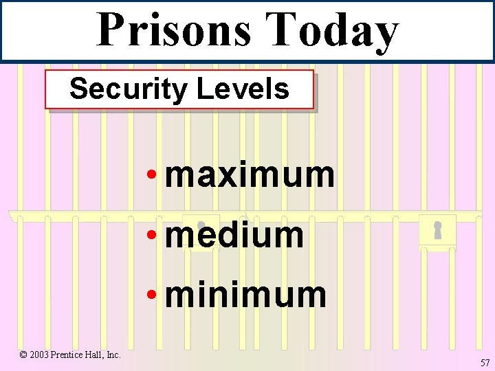 Prisons Today Security Levels • maximum • medium • minimum © 2003 Prentice Hall,
