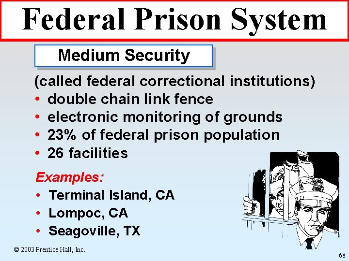 Federal Prison System Medium Security (called federal correctional institutions) • double chain link fence