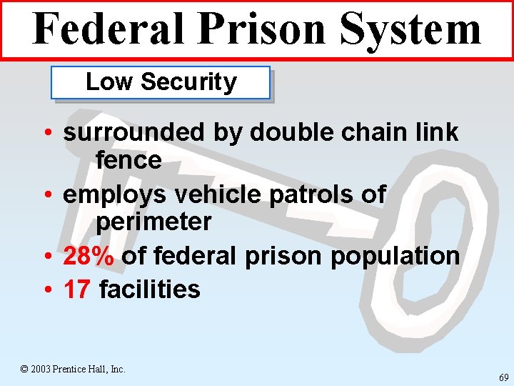 Federal Prison System Low Security • surrounded by double chain link fence • employs