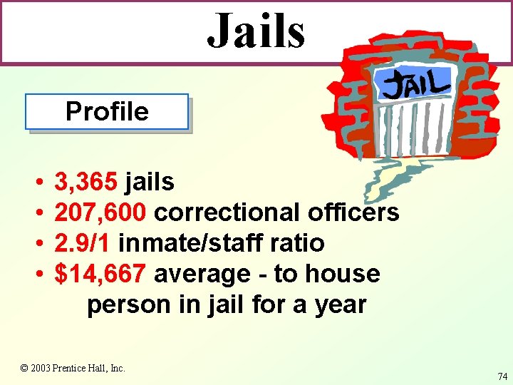 Jails Profile • • 3, 365 jails 207, 600 correctional officers 2. 9/1 inmate/staff