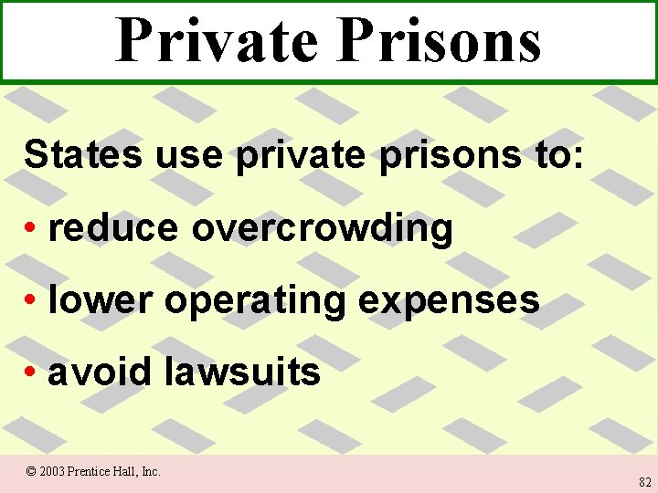 Private Prisons States use private prisons to: • reduce overcrowding • lower operating expenses