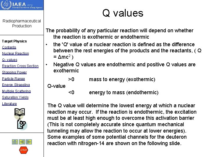 Q values Radiopharmaceutical Production Target Physics Contents Nuclear Reaction Q- values Reaction Cross Section