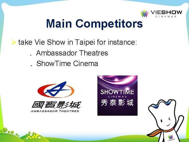 Main Competitors Ø take Vie Show in Taipei for instance: ․ Ambassador Theatres ․