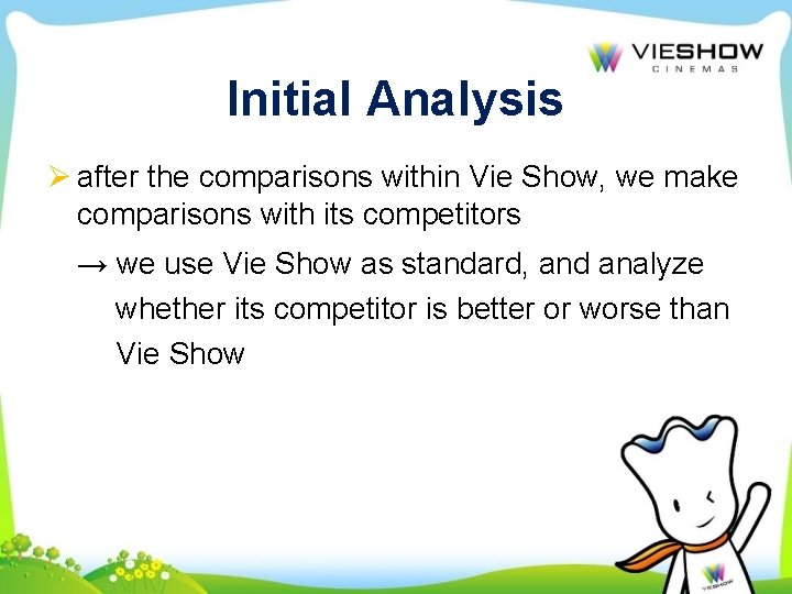 Initial Analysis Ø after the comparisons within Vie Show, we make comparisons with its