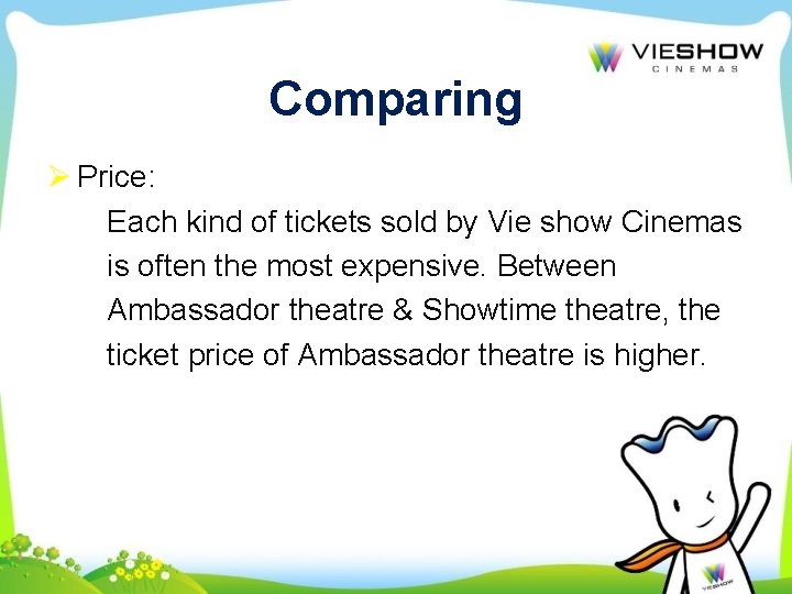 Comparing Ø Price: Each kind of tickets sold by Vie show Cinemas is often