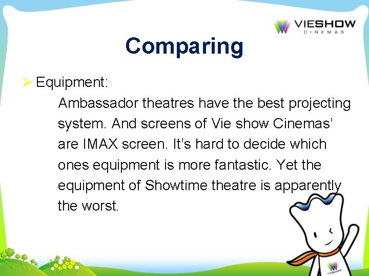 Comparing Ø Equipment: Ambassador theatres have the best projecting system. And screens of Vie