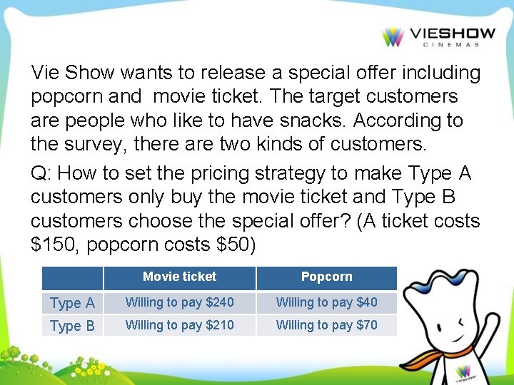 Vie Show wants to release a special offer including popcorn and movie ticket. The