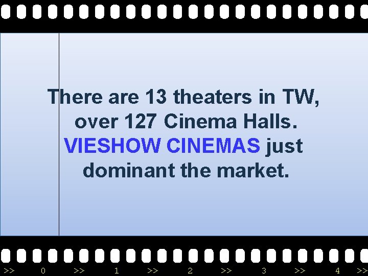There are 13 theaters in TW, over 127 Cinema Halls. VIESHOW CINEMAS just dominant