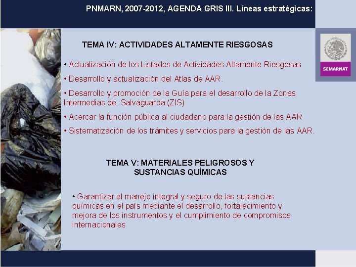 PNMARN, 2007 -2012, AGENDA GRIS III. Líneas estratégicas: AGENDA GRIS TEMA IV: ACTIVIDADES ALTAMENTE