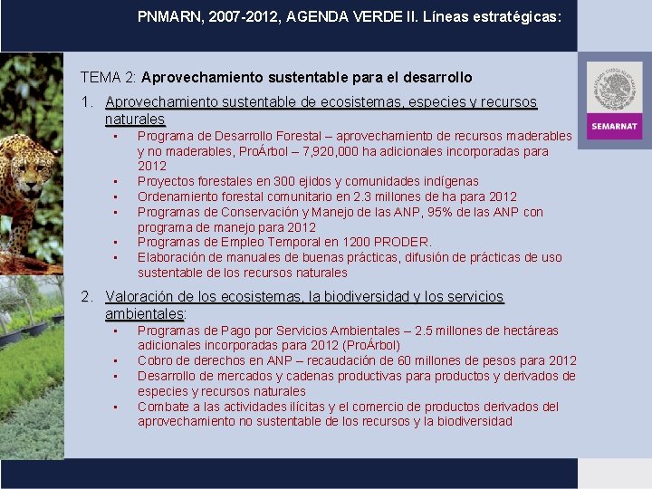 PNMARN, 2007 -2012, AGENDA VERDE II. Líneas estratégicas: TEMA 2: Aprovechamiento sustentable para el