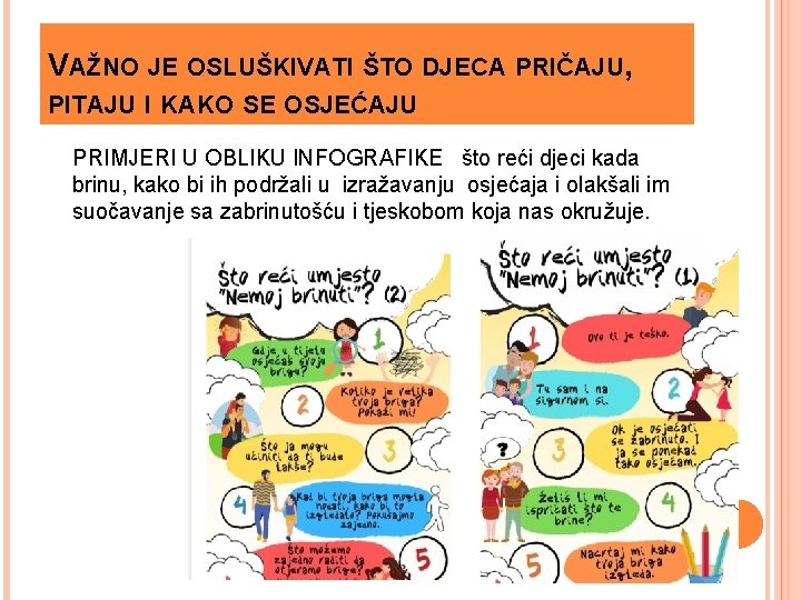 VAŽNO JE OSLUŠKIVATI ŠTO DJECA PRIČAJU, PITAJU I KAKO SE OSJEĆAJU PRIMJERI U OBLIKU