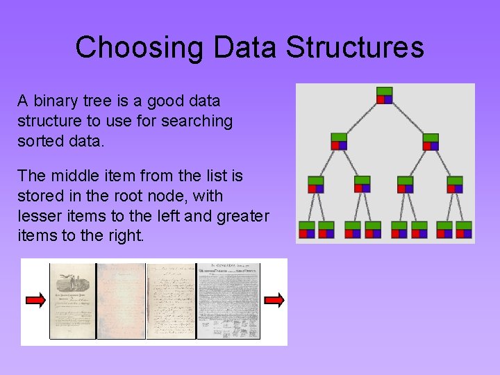 Choosing Data Structures A binary tree is a good data structure to use for