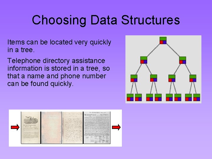 Choosing Data Structures Items can be located very quickly in a tree. Telephone directory
