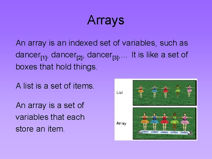 Arrays An array is an indexed set of variables, such as dancer[1], dancer[2], dancer[3],