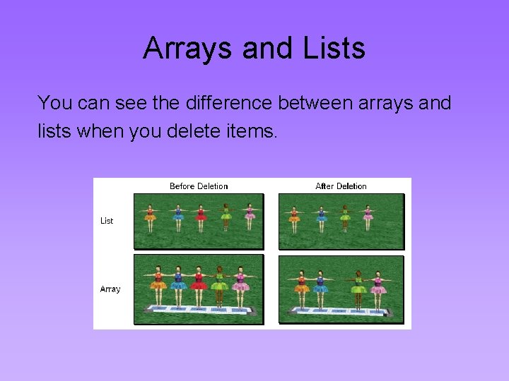 Arrays and Lists You can see the difference between arrays and lists when you