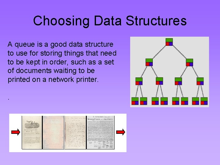 Choosing Data Structures A queue is a good data structure to use for storing