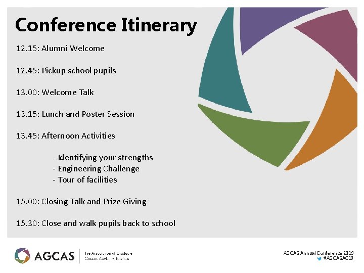 Conference Itinerary 12. 15: Alumni Welcome 12. 45: Pickup school pupils 13. 00: Welcome