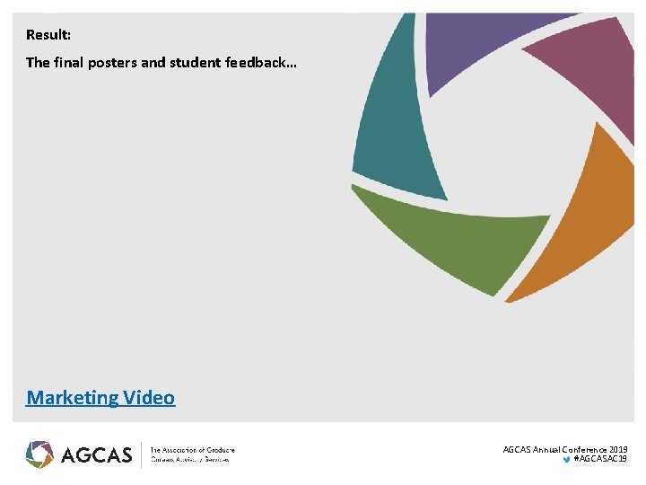 Result: The final posters and student feedback… Marketing Video AGCAS Annual Conference 2019 #AGCASAC