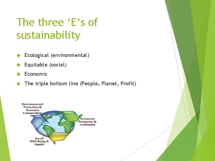 The three ‘E’s of sustainability Ecological (environmental) Equitable (social) Economic The triple bottom line