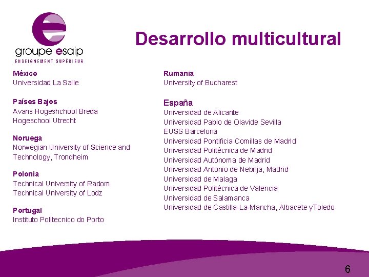 Desarrollo multicultural México Universidad La Salle Rumania University of Bucharest Países Bajos Avans Hogeshchool