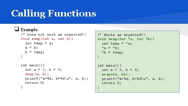 Calling Functions ❏ Example: /* Does not work as expected*/ void swap(int a, int Calling Functions ❏ Example: /* Does not work as expected*/ void swap(int a, int